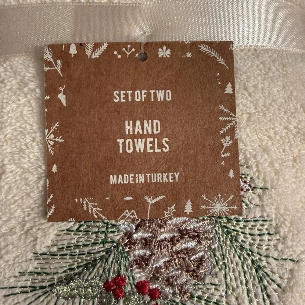 NEW Set of 2 Arctic Holiday Embroidered Christmas Hand Towels Pinecones Holly